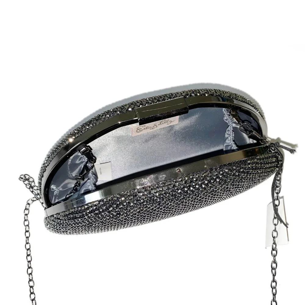 Estee & Lilly Sparkling Black & Silver Metal Half-Moon Clutch (Opt. Crossbody) - Picture 3 of 4